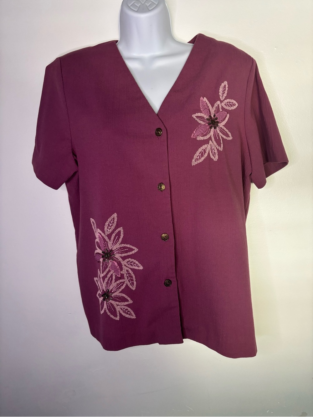 Alfred Dunner Plum Short-Sleeve Embroidered Button-Front Blouse